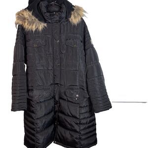 Rocawear Classic Black Long Puffer Coat women's 2X Winter Parka Faux Fur Hooded